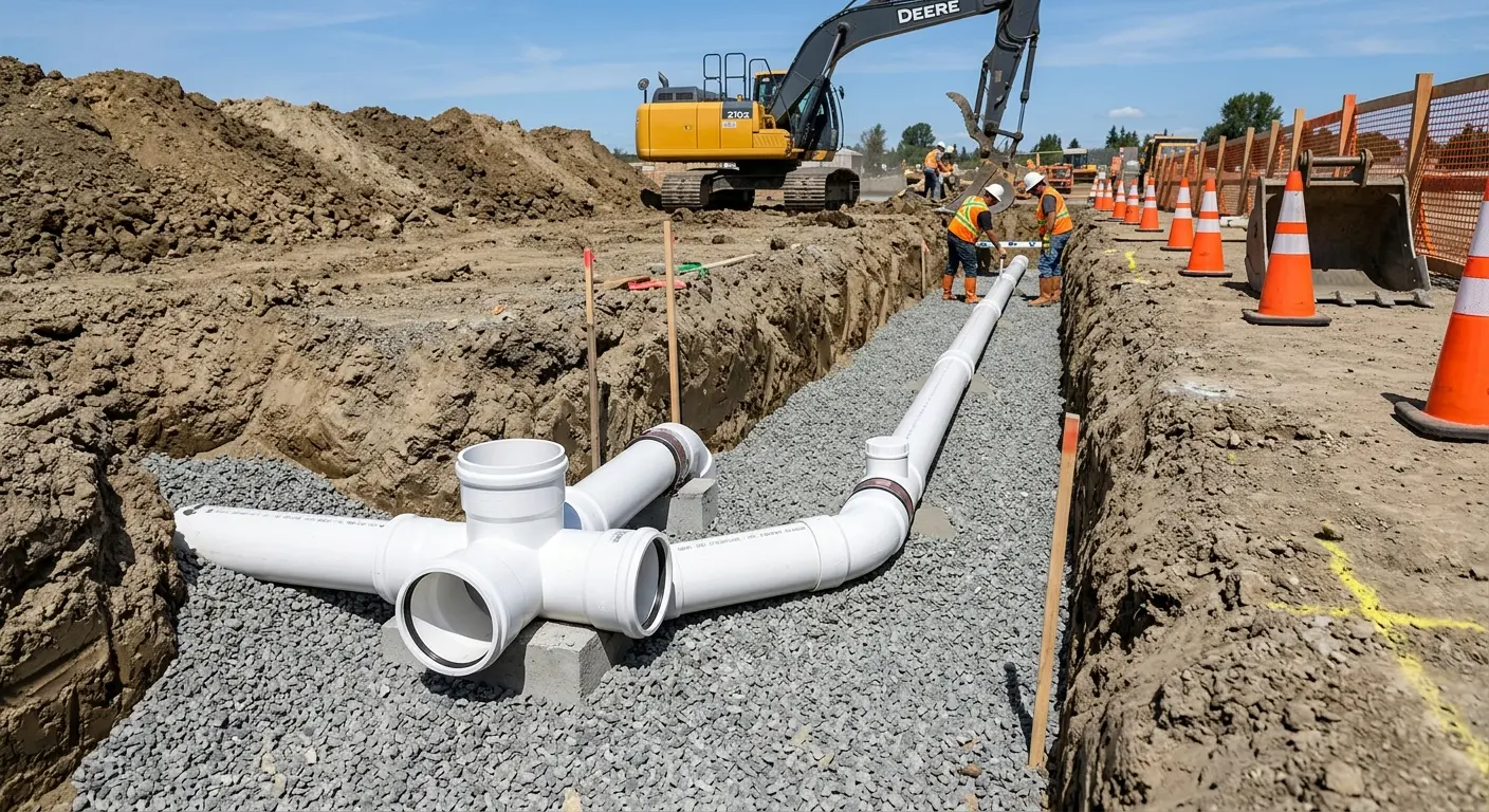 New PVC sewer pipe installation in open trench for Commercial Drain Cleaning in Lansing
