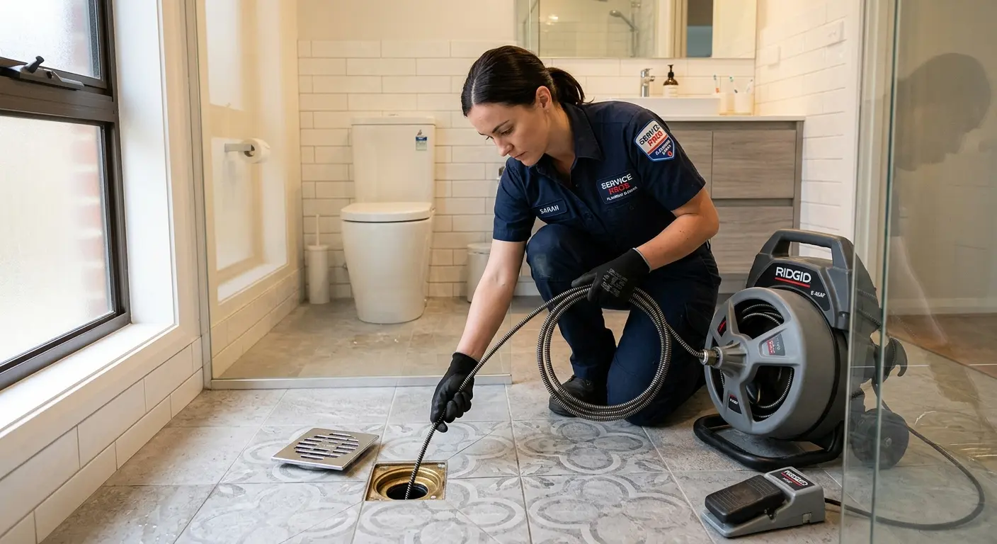 Technician clearing a bathroom floor drain for Clogged Drain Repair in Lansing